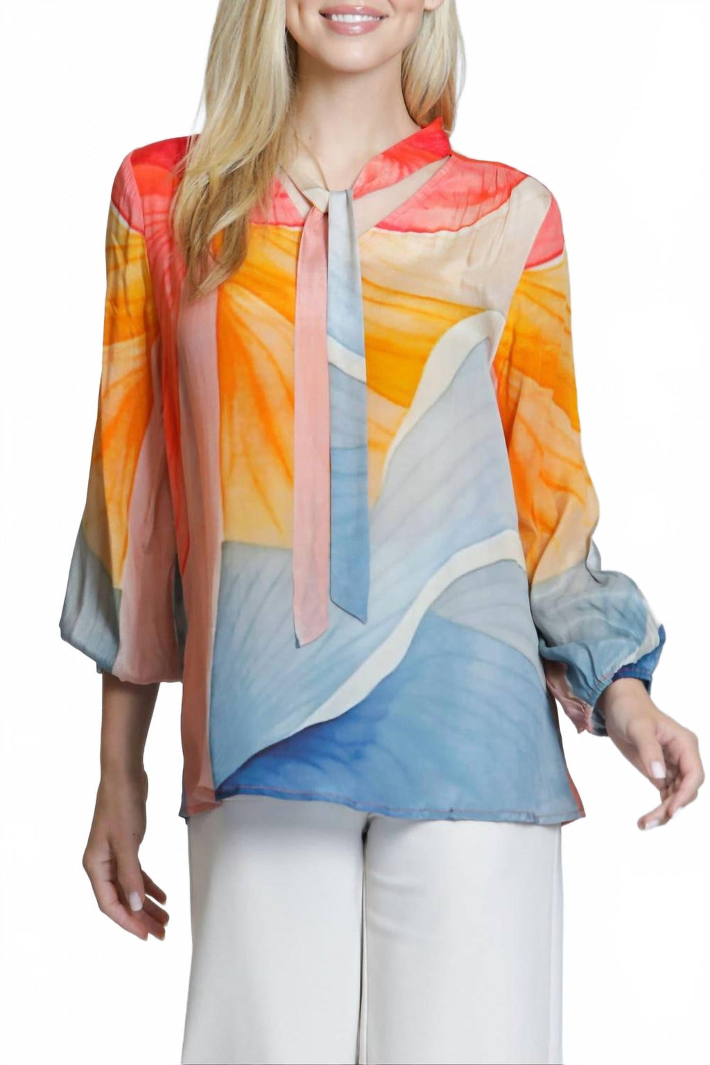 Long Sleeve Tie-Neck Blouse In Multicolor