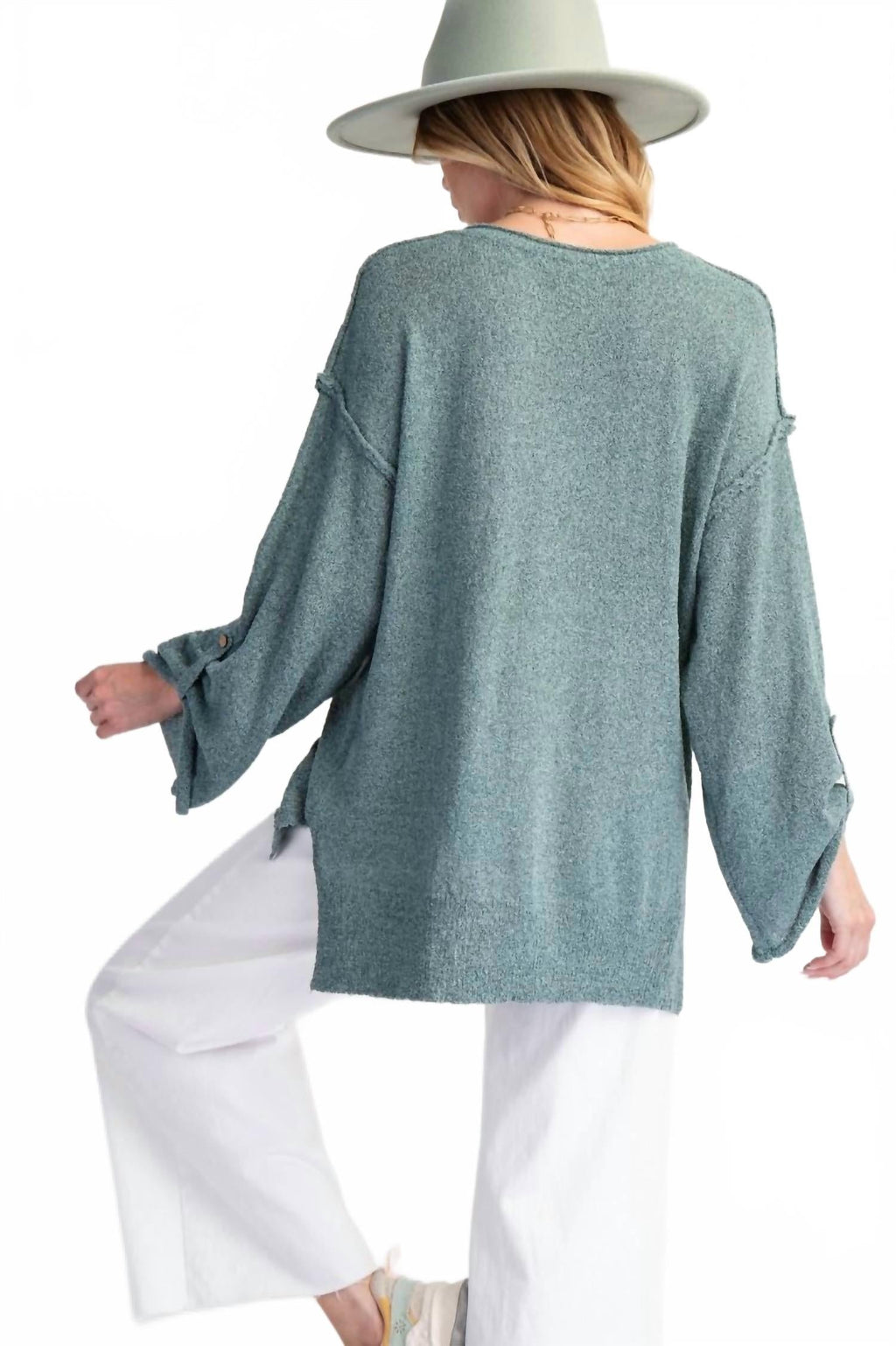V-Neckline Knit Button Detail Sweater In Teal Green