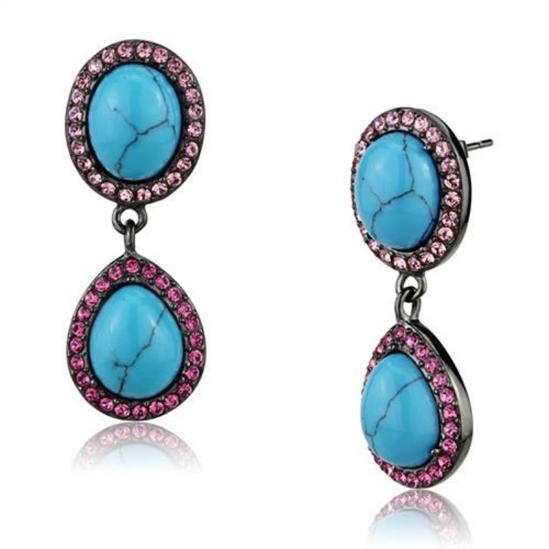 IP Light Black Stainless Steel Earrings with Synthetic Turquoise in Sea Blue