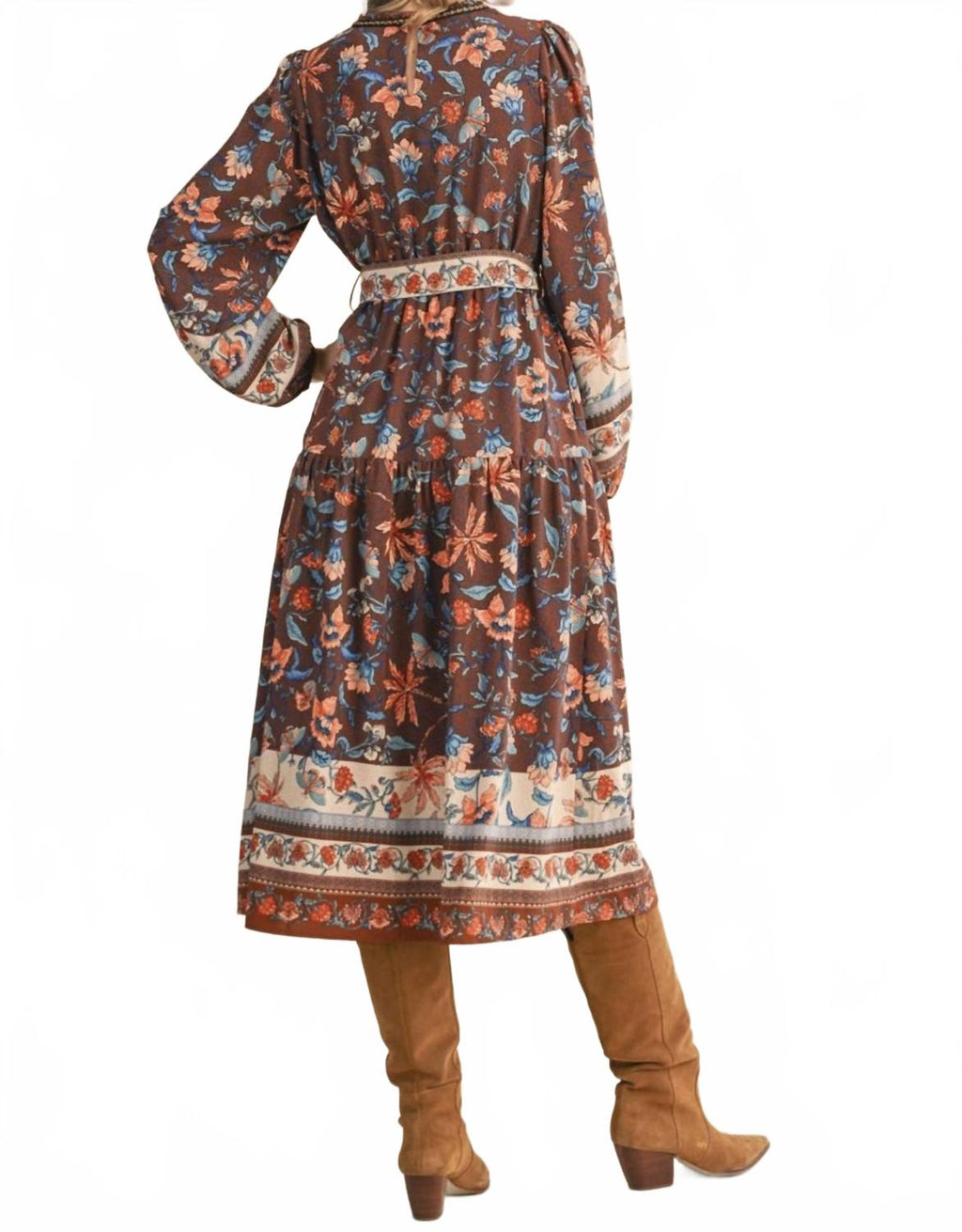Floral Border Print Belted Midi Dress In Brown Multi