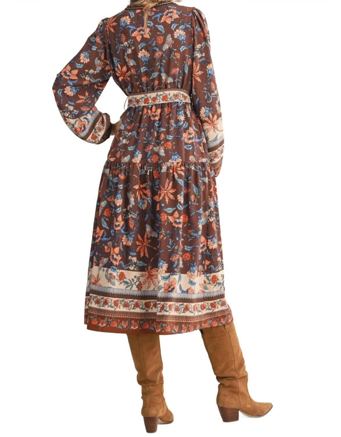 Floral Border Print Belted Midi Dress In Brown Multi