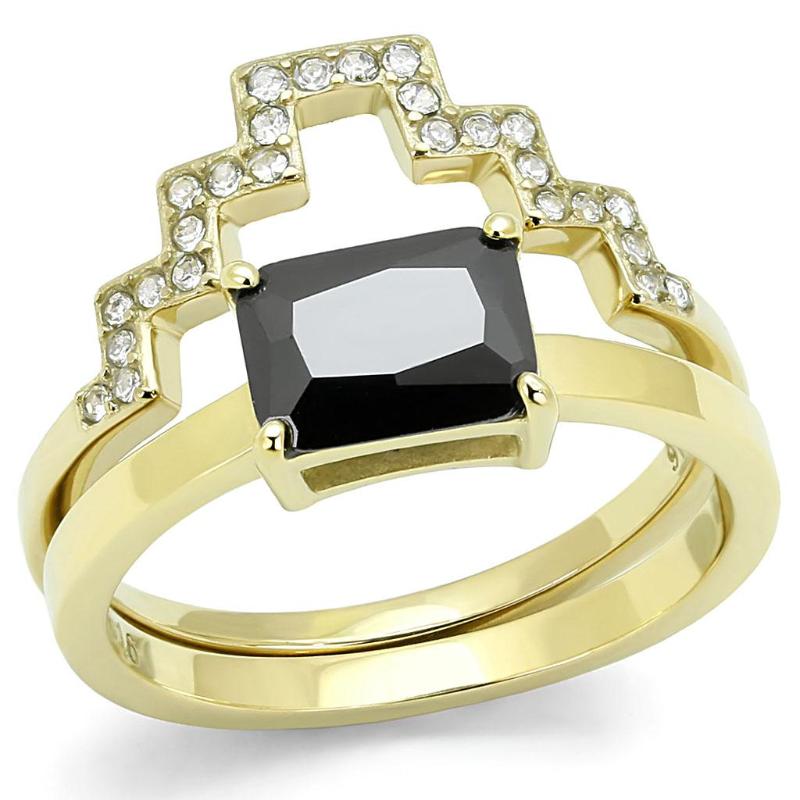 IP Gold(Ion Plating) Stainless Steel Ring with AAA Grade CZ in Black Diamond