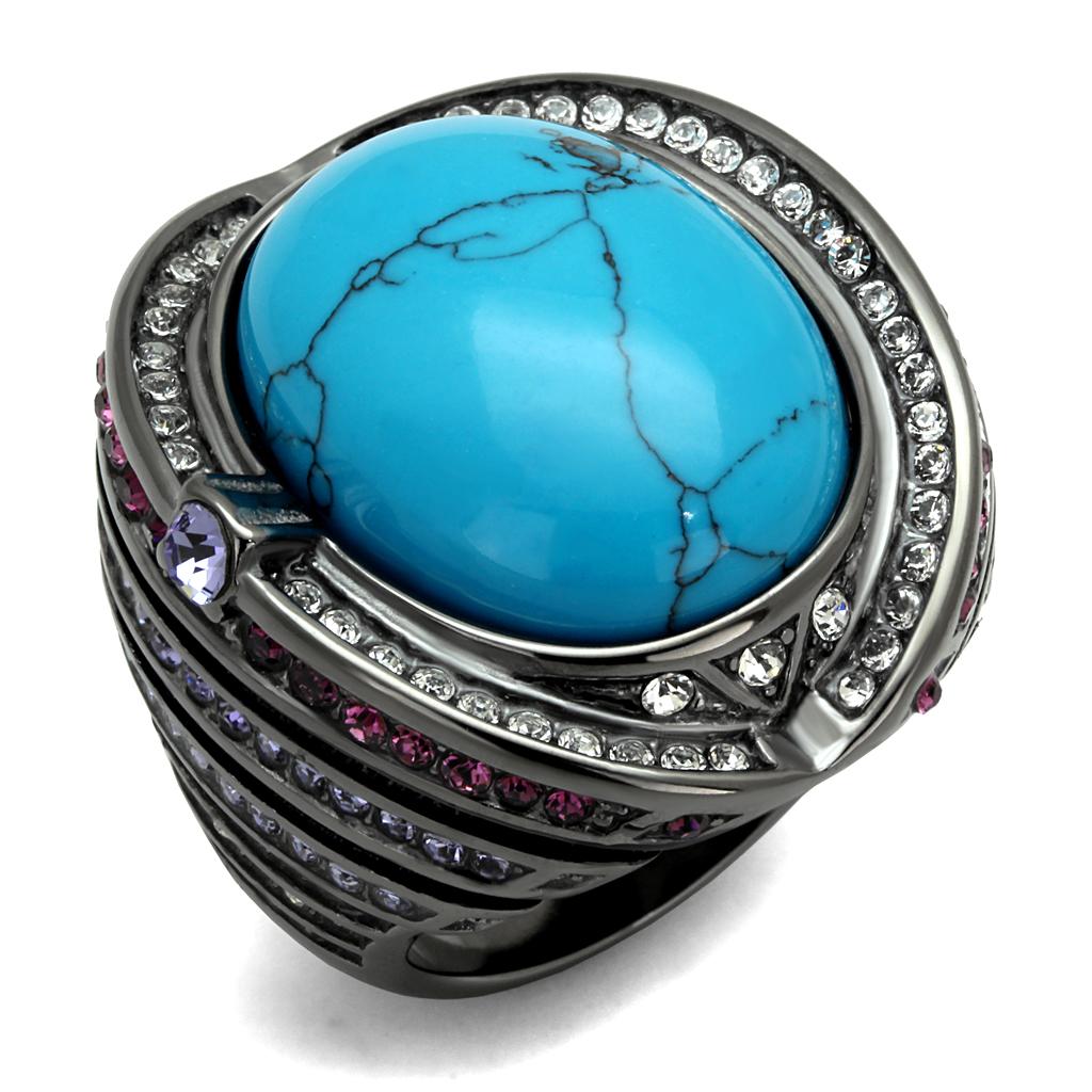 IP Light Black Stainless Steel Ring with Synthetic Turquoise in Sea Blue