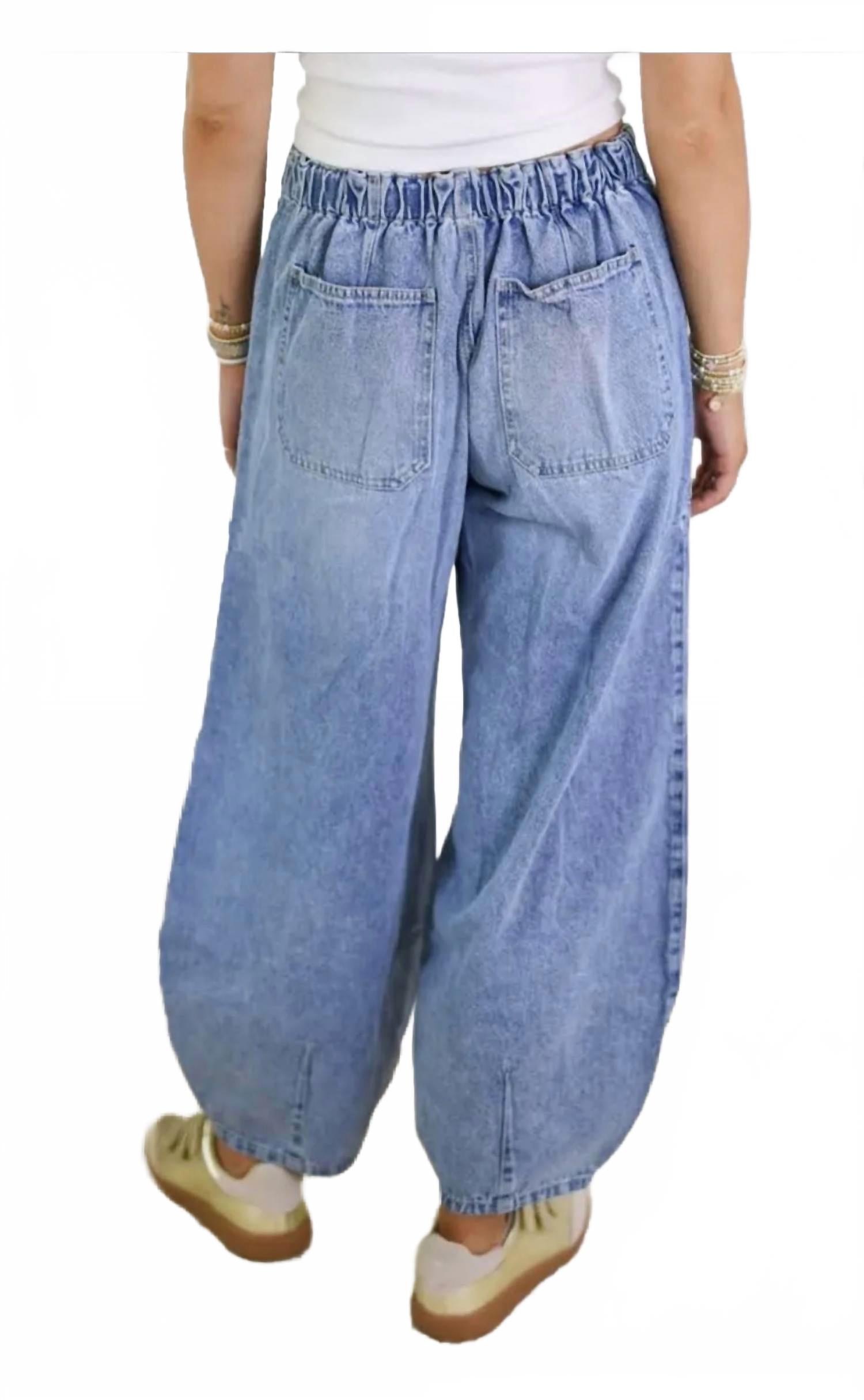 Elastic Waist String Tie Pocket Denim Pants In Light Blue
