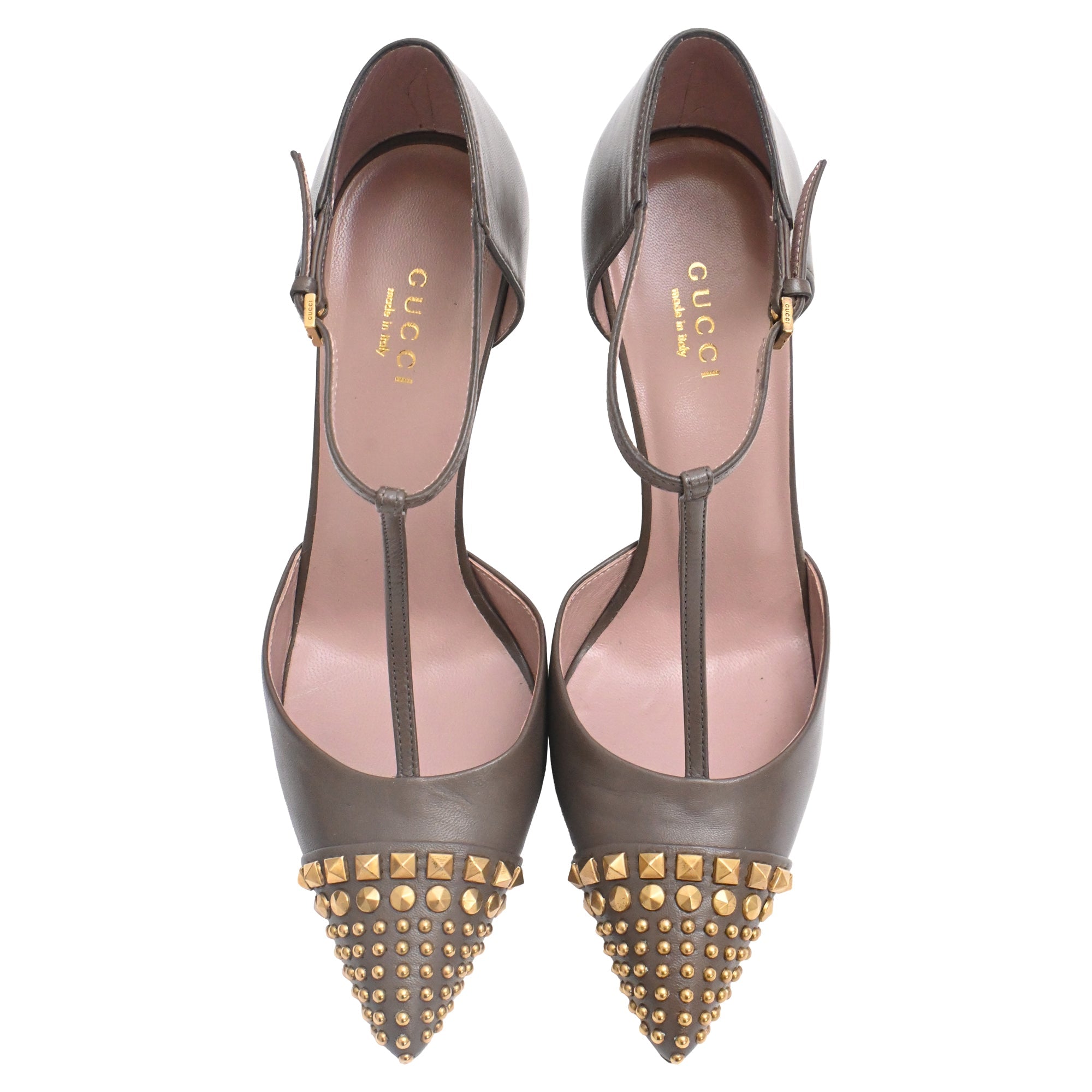 Gucci Studded Coline T-Strap Pumps in Brown Leather
