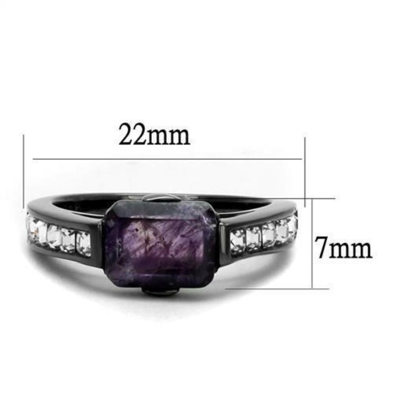 IP Light Black Stainless Steel Ring with Precious Stone Amethyst Crystal in Amethyst