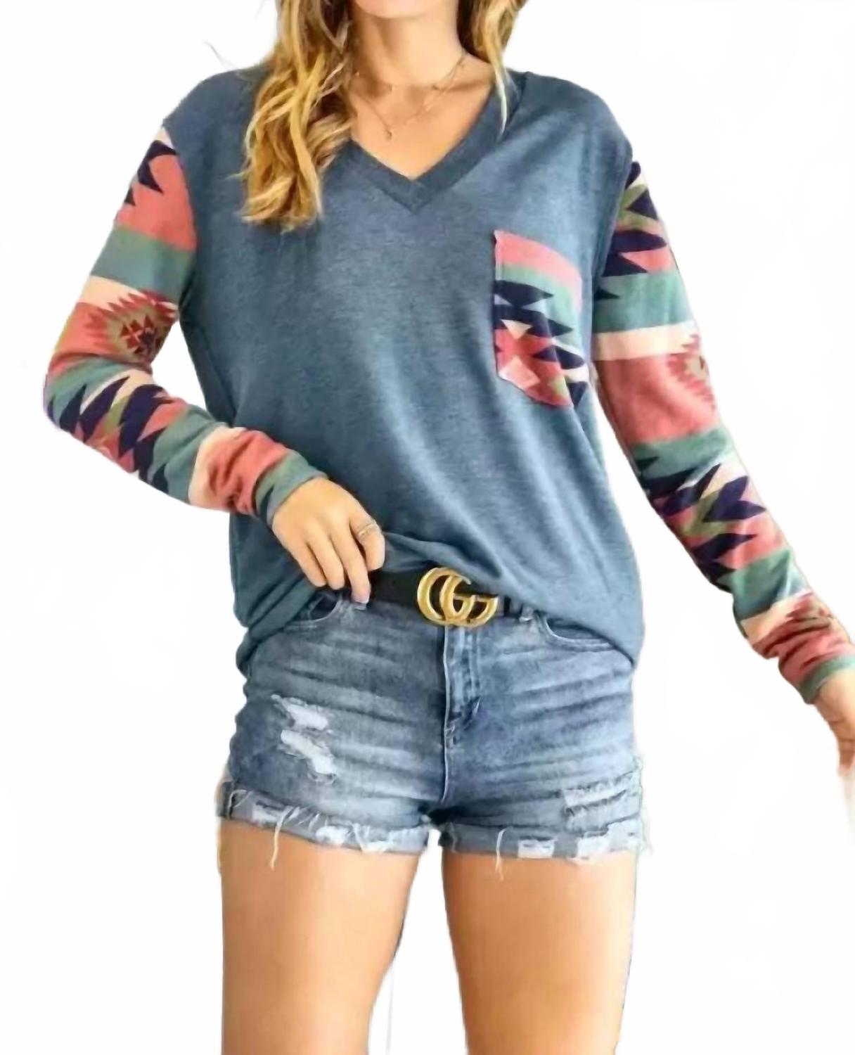 V Neck Long Sleeve Top In Teal Aztec