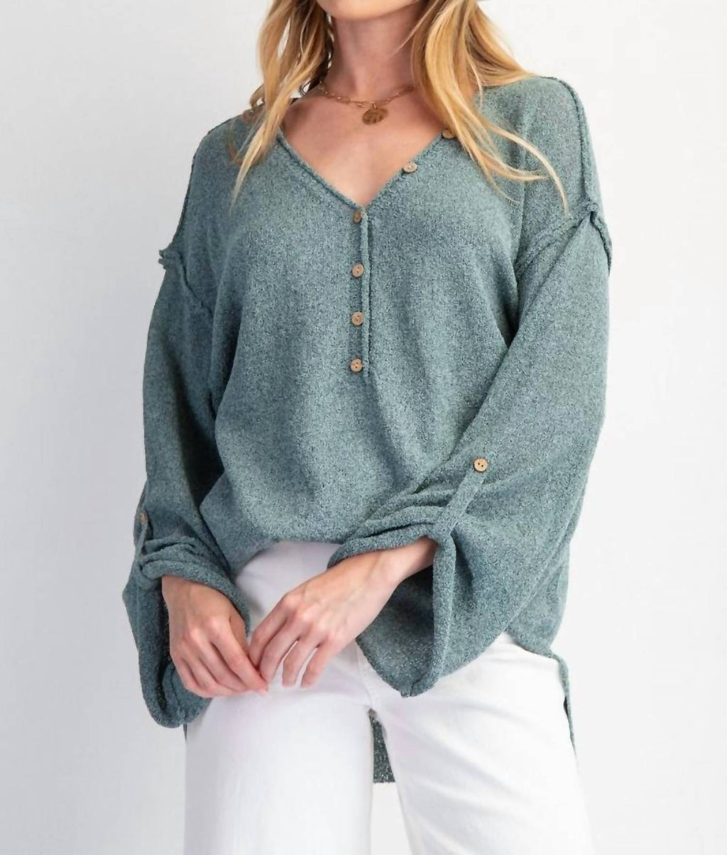 V-Neckline Knit Button Detail Sweater In Teal Green