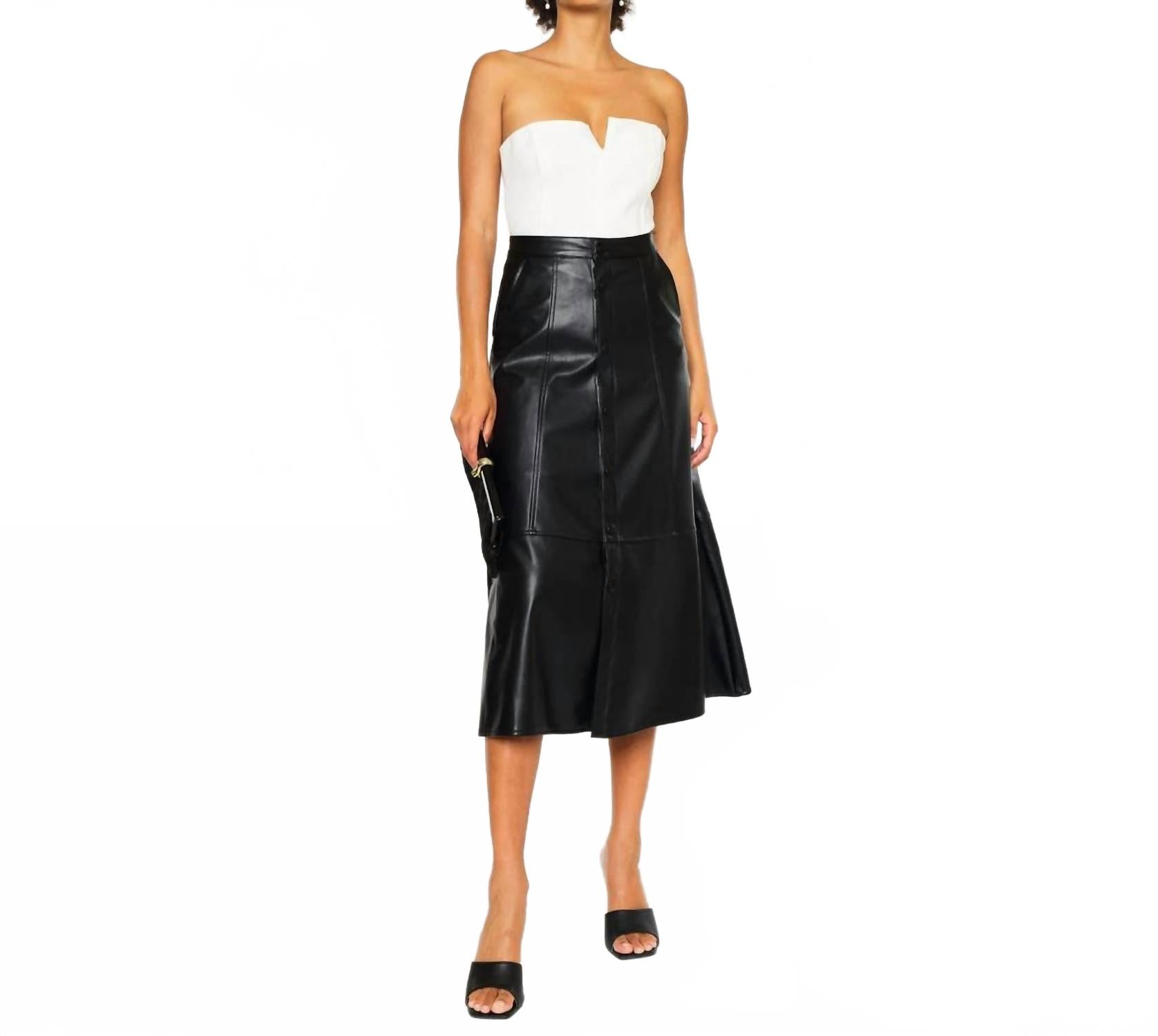 High Rise Leather Midi Skirt In Black