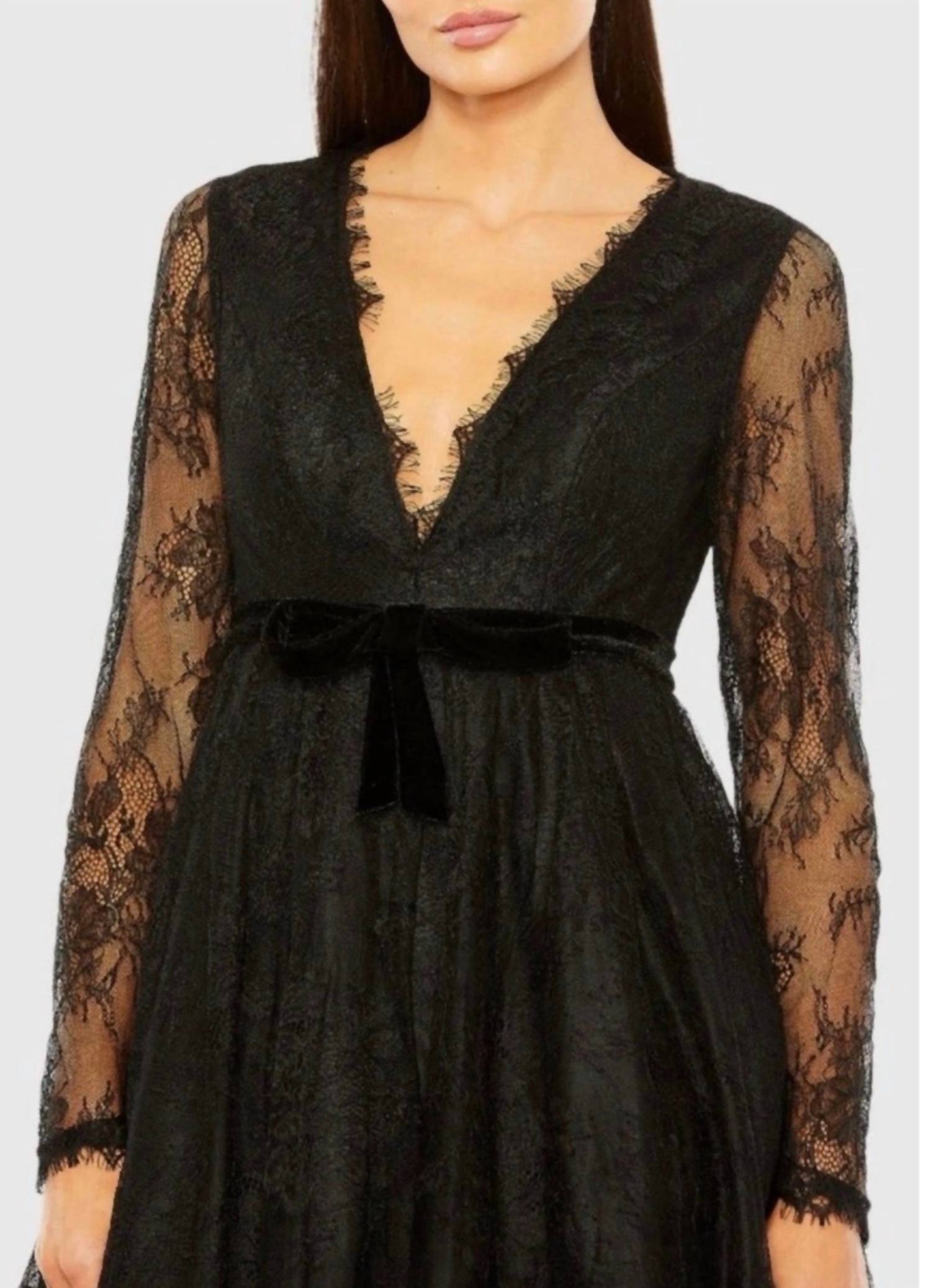 Lace Long Sleeve Mini Dress In Black
