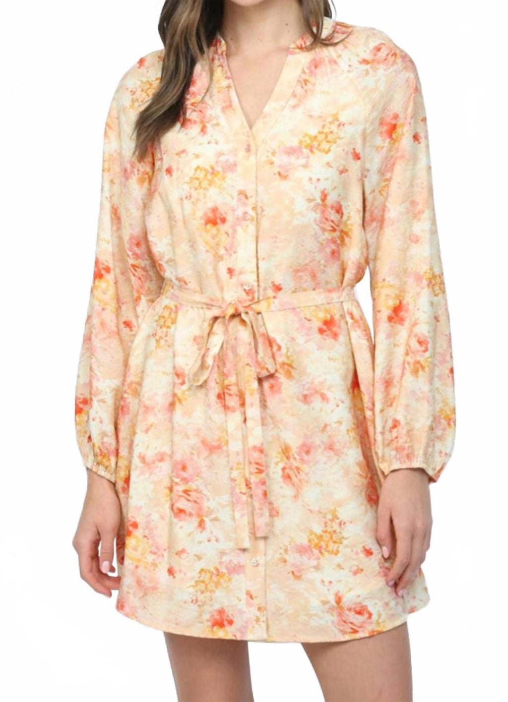 Raglan Sleeves Button Down Mini Dress In Peach Multi