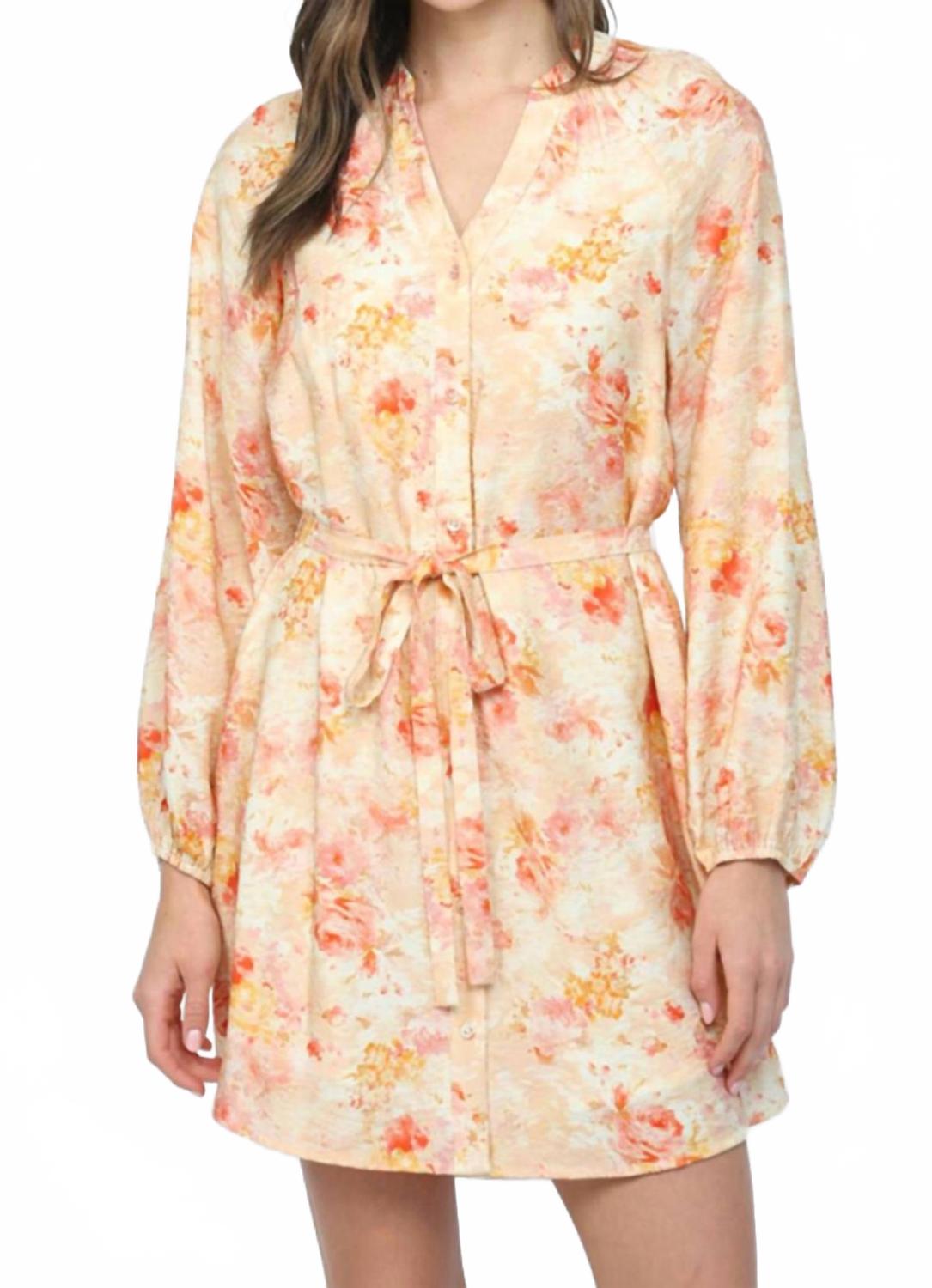 Raglan Sleeves Button Down Mini Dress In Peach Multi