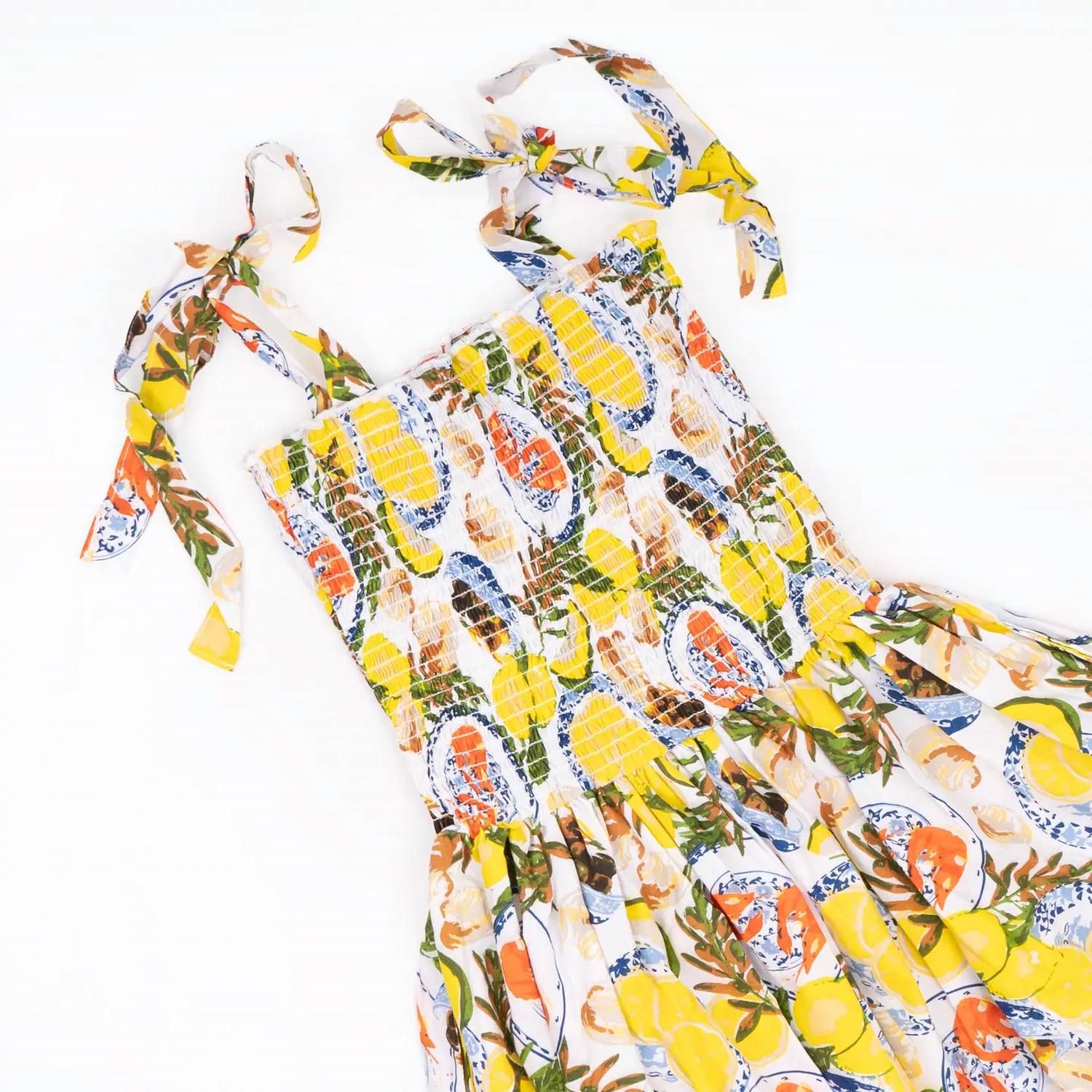 Smocked Tie Top Maxi Dress In Lemon Santorini