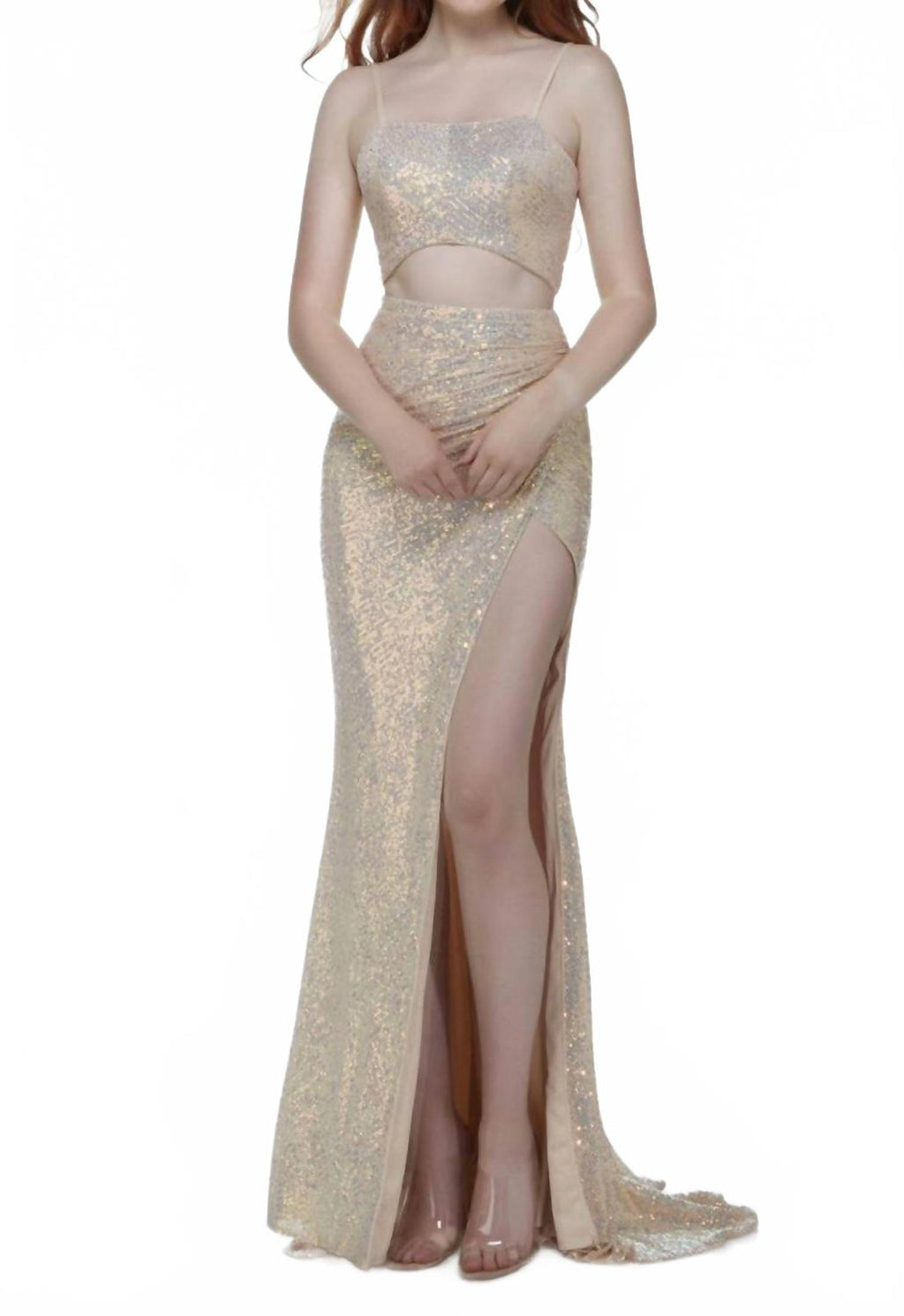 Two-Piece Square Neckline Gown In Pink Champagne