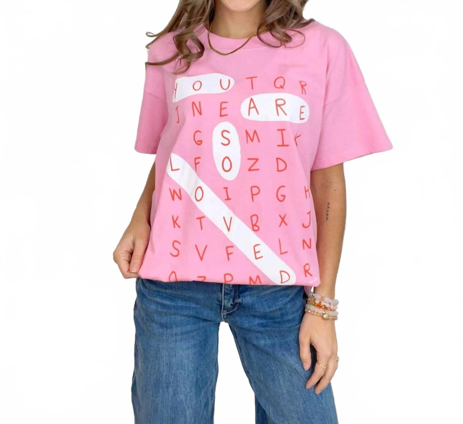 Crossword Puzzle Graphic Short Sleeve Crew Neck Tee In Pink
