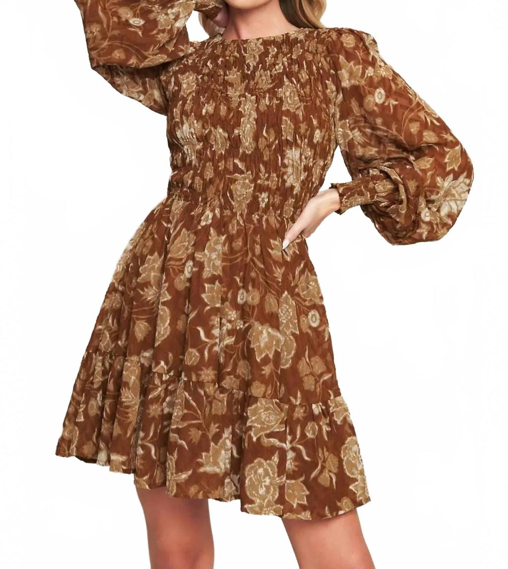 Golden Meadow Smocked Mini Dress In Brown