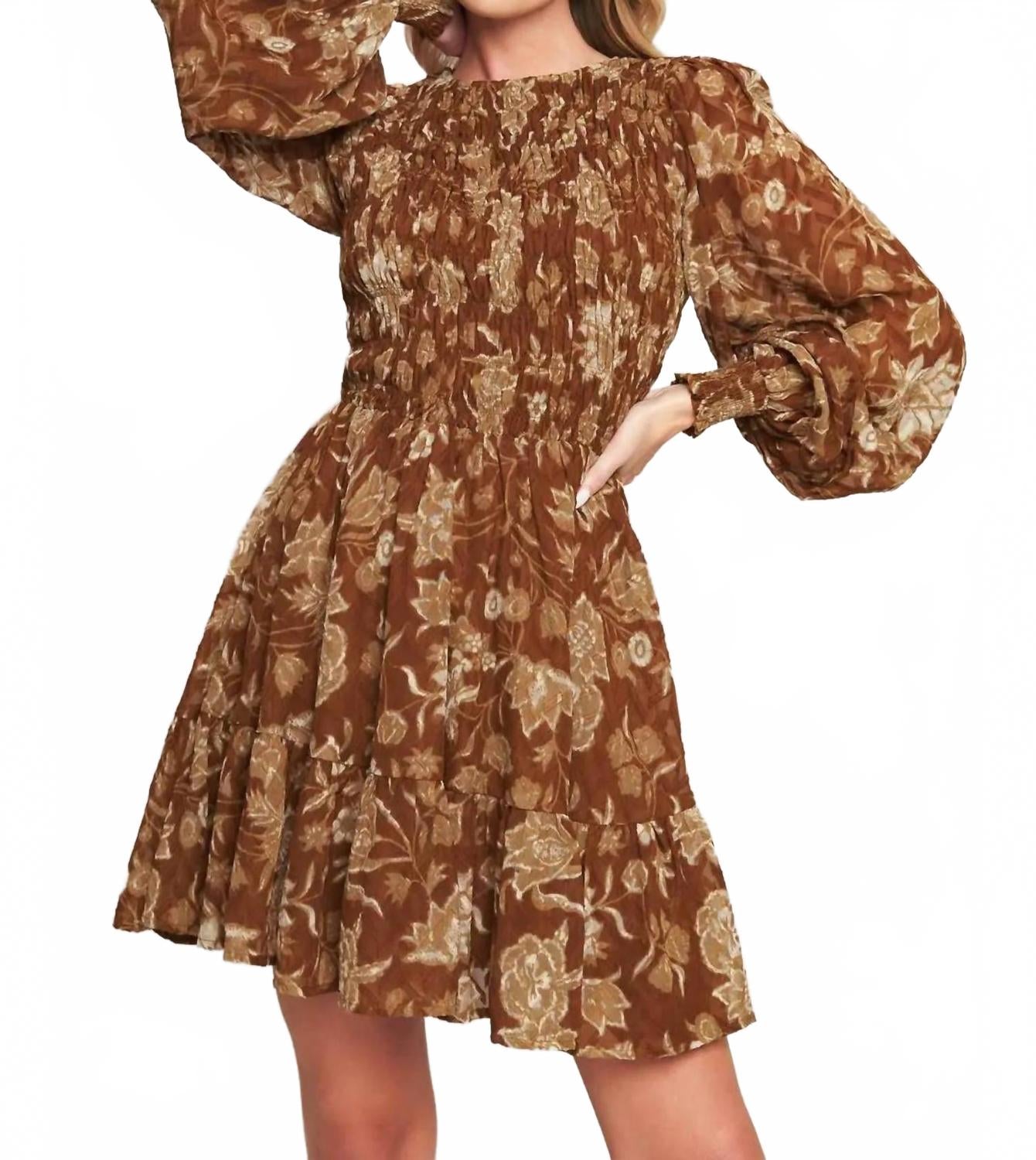 Golden Meadow Smocked Mini Dress In Brown