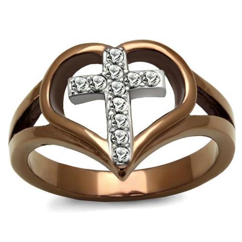 Two Tone IP Light Brown (IP Light coffee) Stainless Steel Ring with Top Grade Crystal in Clear