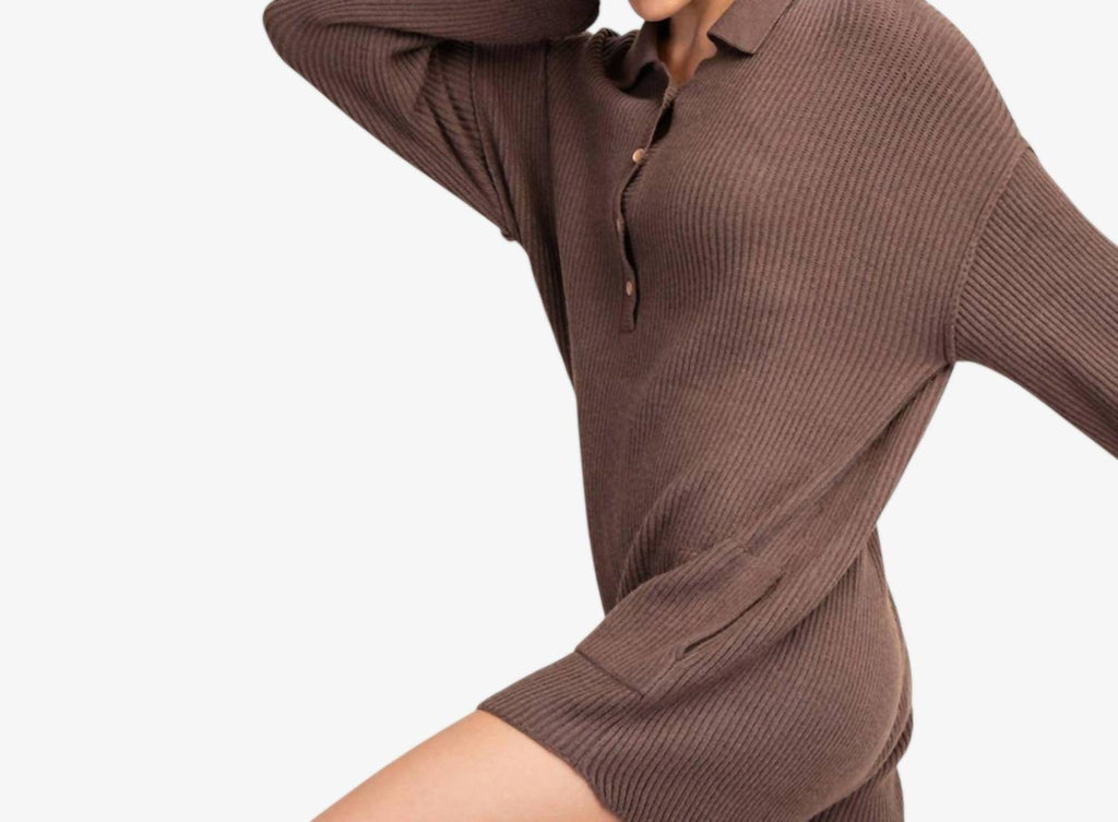 Ribbed Knit Sweater Romper In Brown