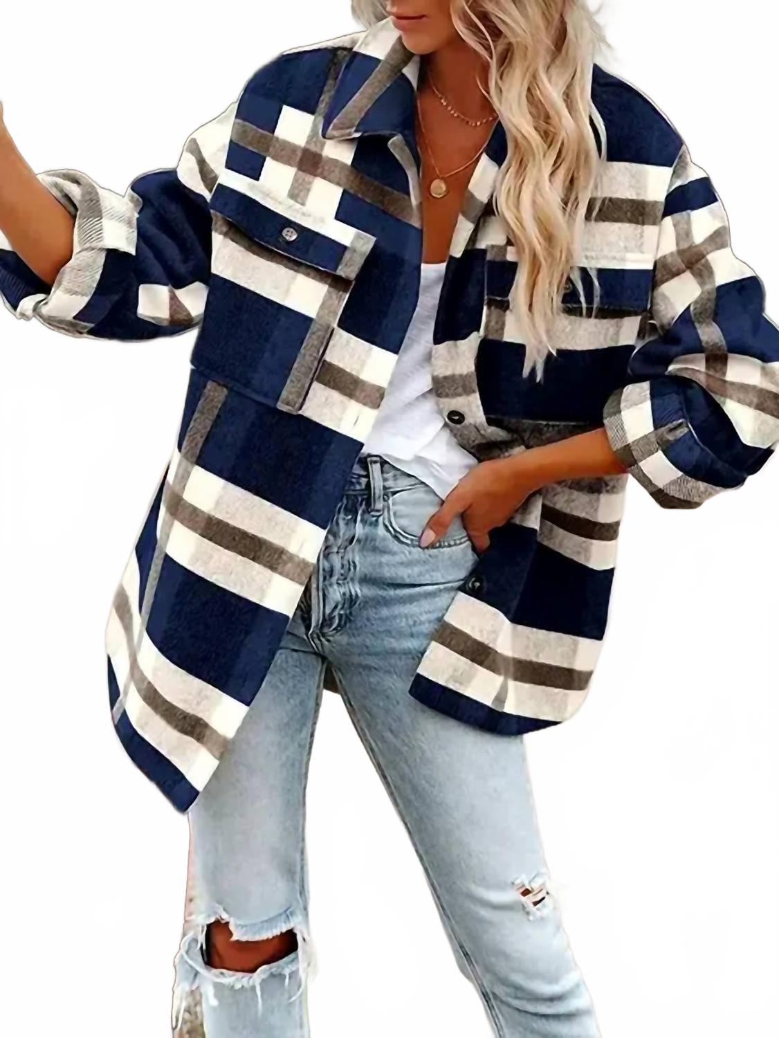 Women's Plaid Button Flannel Shirt In Navy Blue