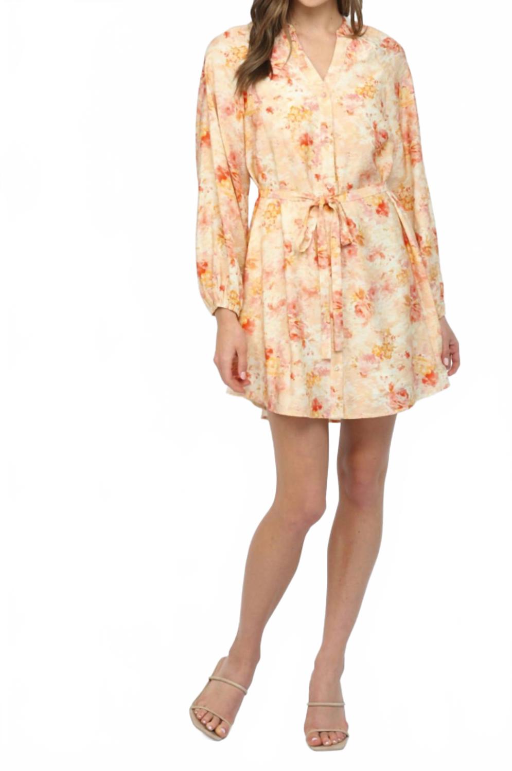 Raglan Sleeves Button Down Mini Dress In Peach Multi