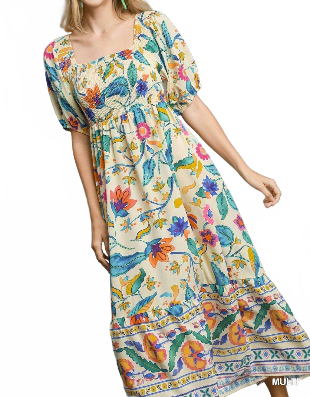 Boho Floral Smocked Maxi Dress In Multicolor