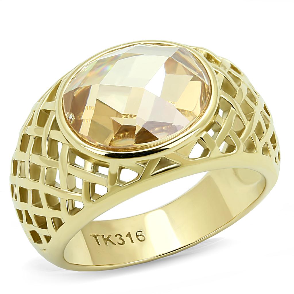 IP Gold(Ion Plating) Stainless Steel Ring with AAA Grade CZ in Champagne