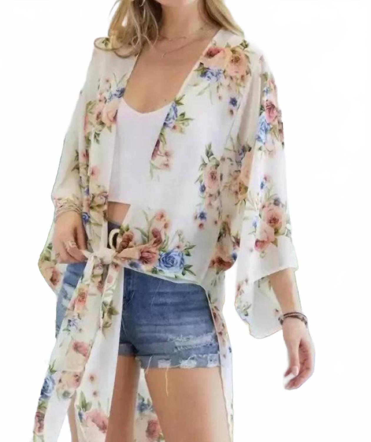 Chiffon Floral Print Three Fourth Sleeve Kimono In Ivory And Blue