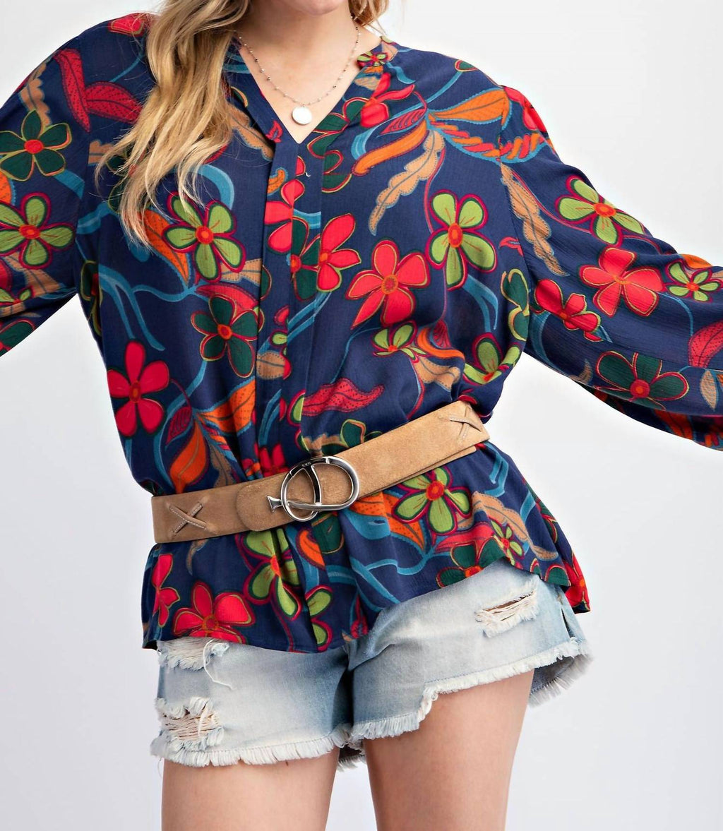 Peach Blossom Floral Gauze Top In Navy