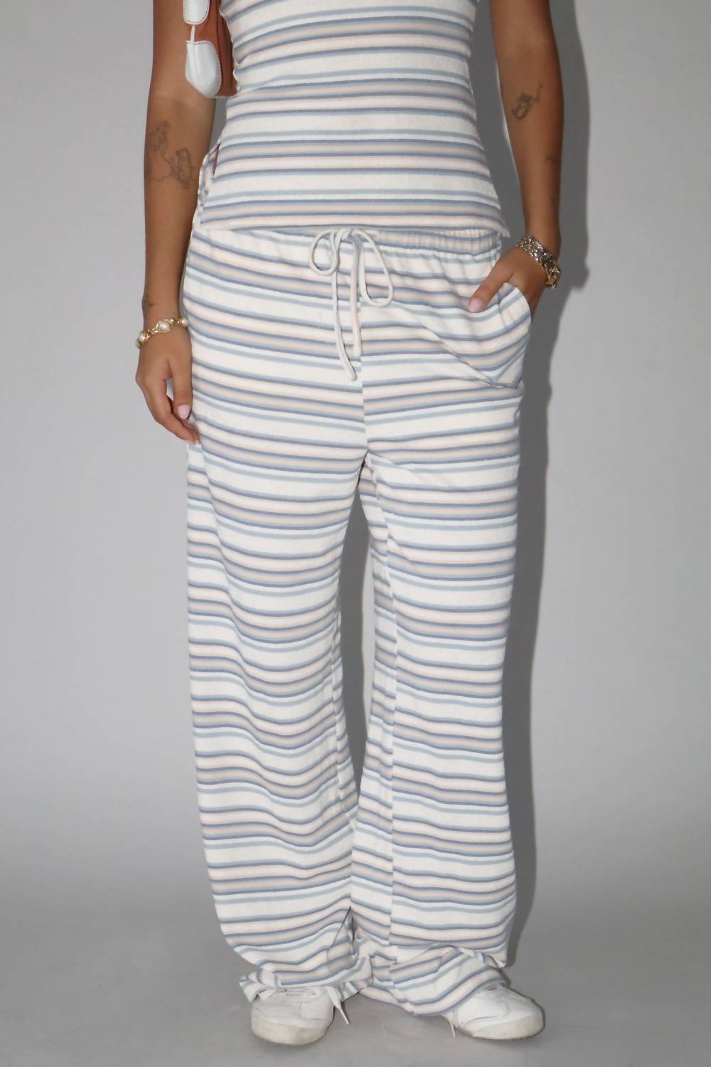 Stripe Knit Wide Leg Pants In Harbor Beige/ Blue