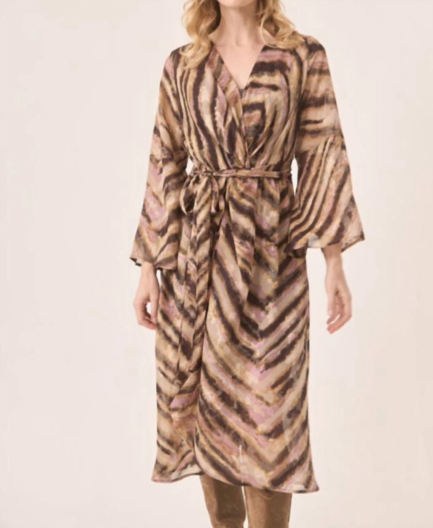 Fluid Tie Waist Wrap Dress In Sand