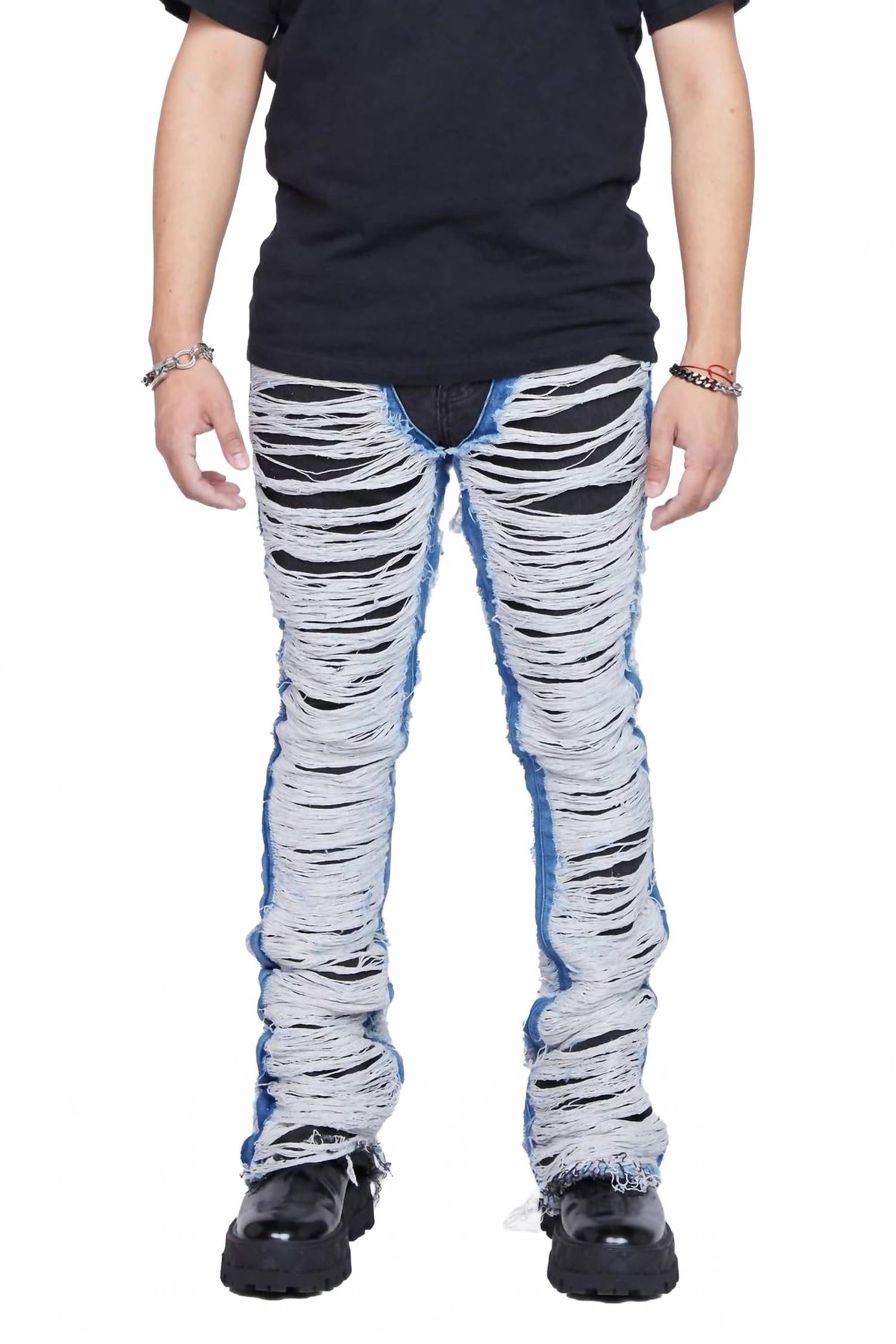 Men's Ravaged Stacked Flare Jean In Black Blue