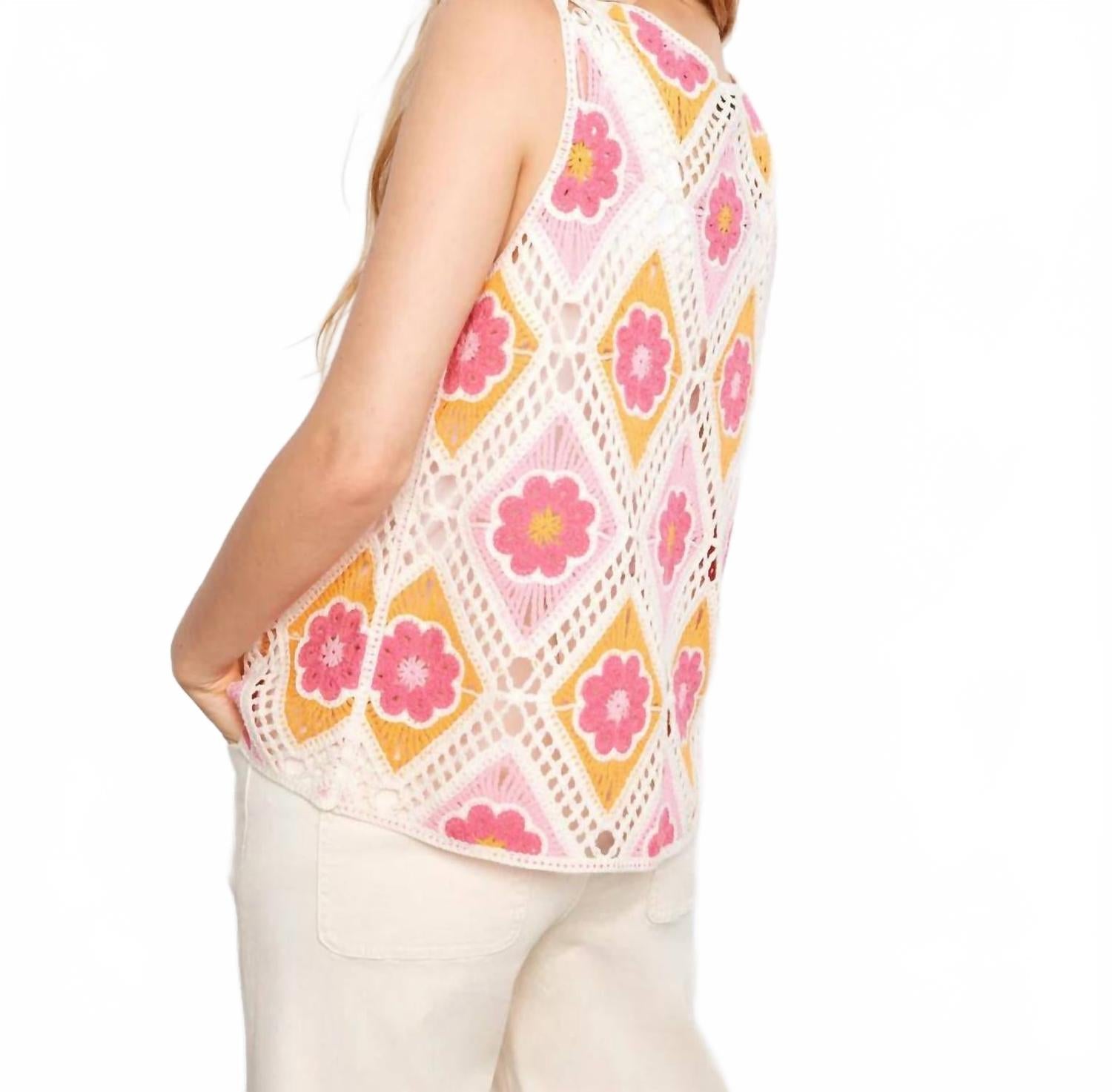 Sleeveless Crochet Cotton Blend Top In Floral