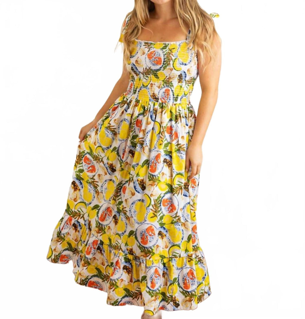 Smocked Tie Top Maxi Dress In Lemon Santorini