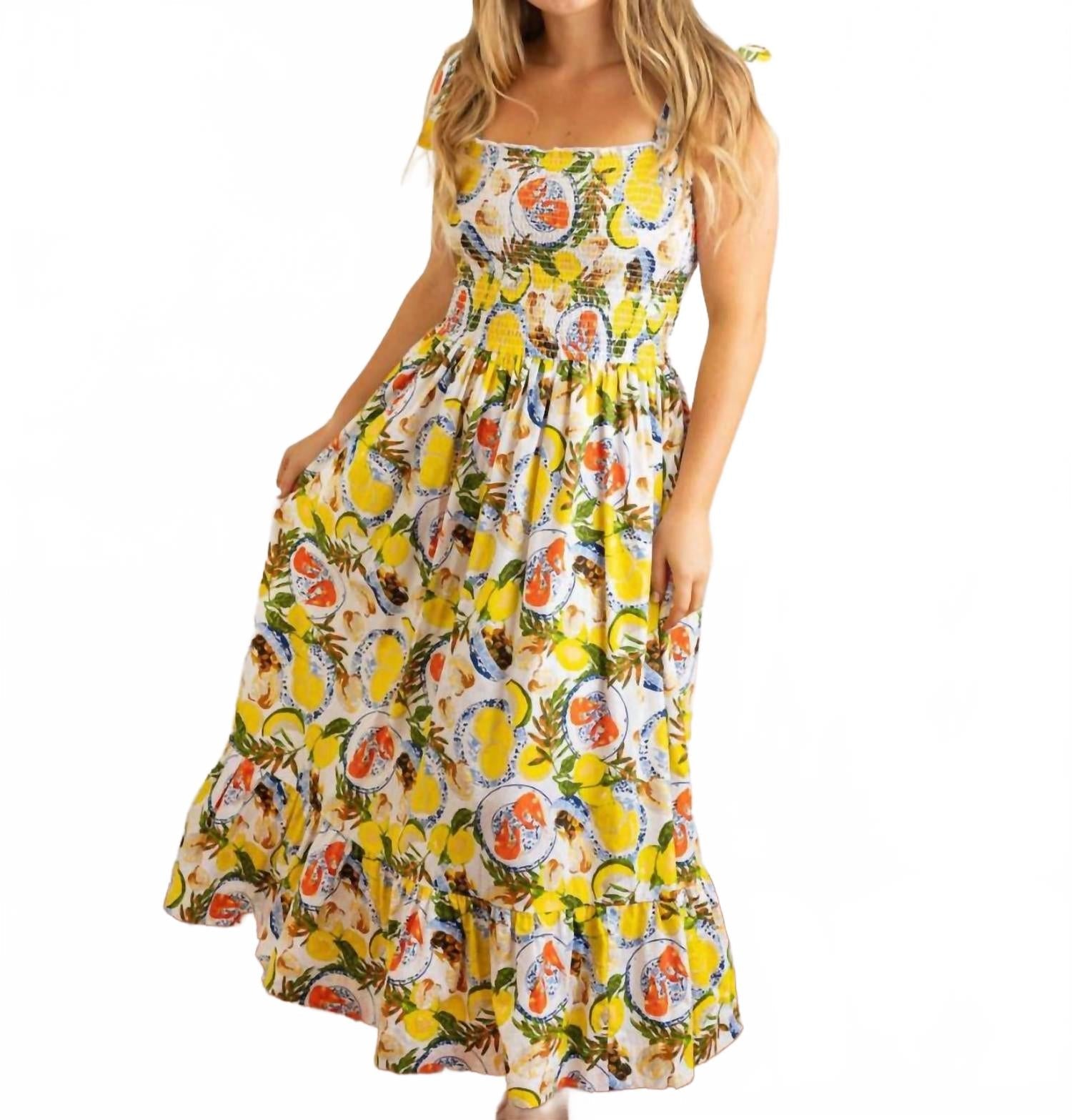 Smocked Tie Top Maxi Dress In Lemon Santorini