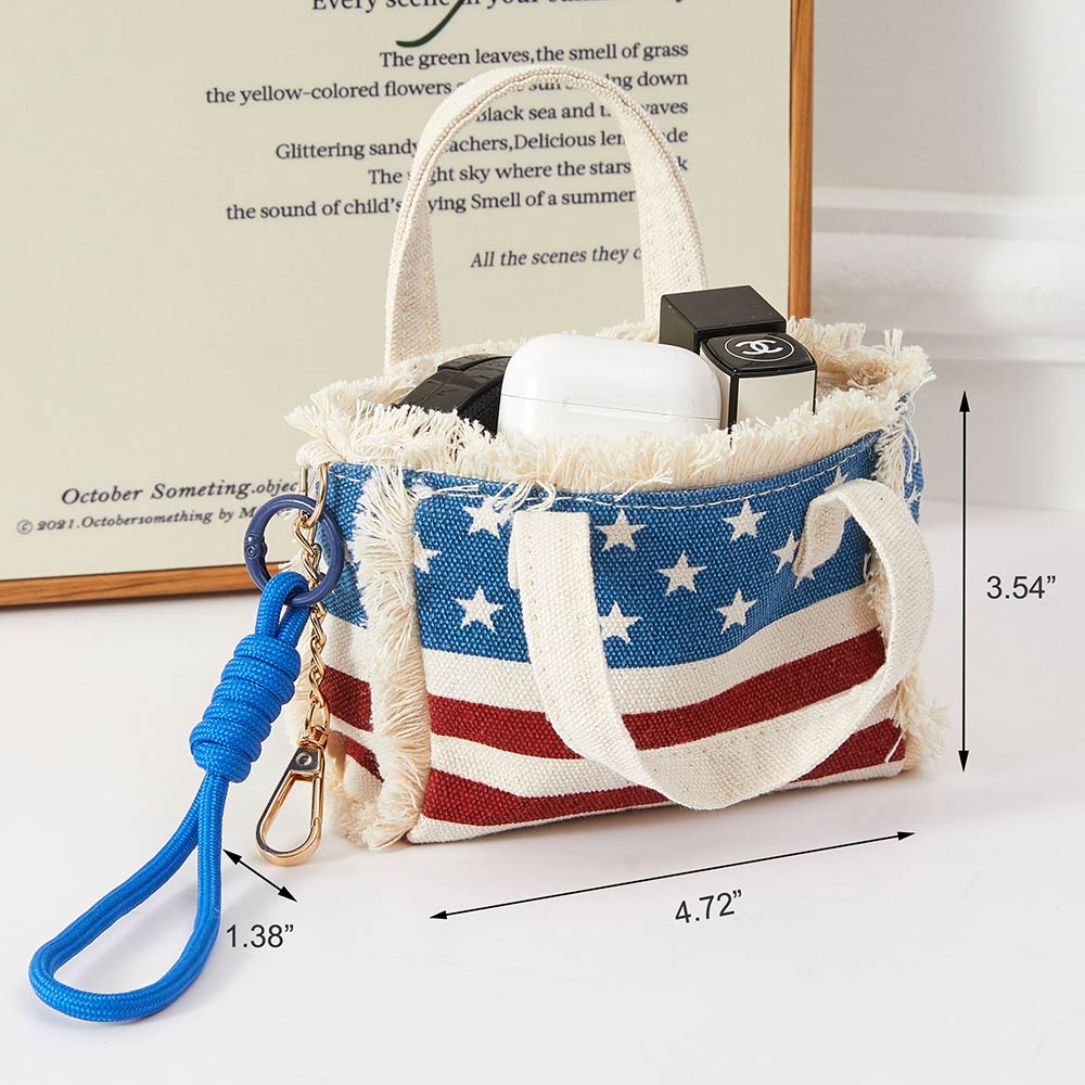 American USA Flag Mini Canvas Tote Bag Keychain Bag Charm