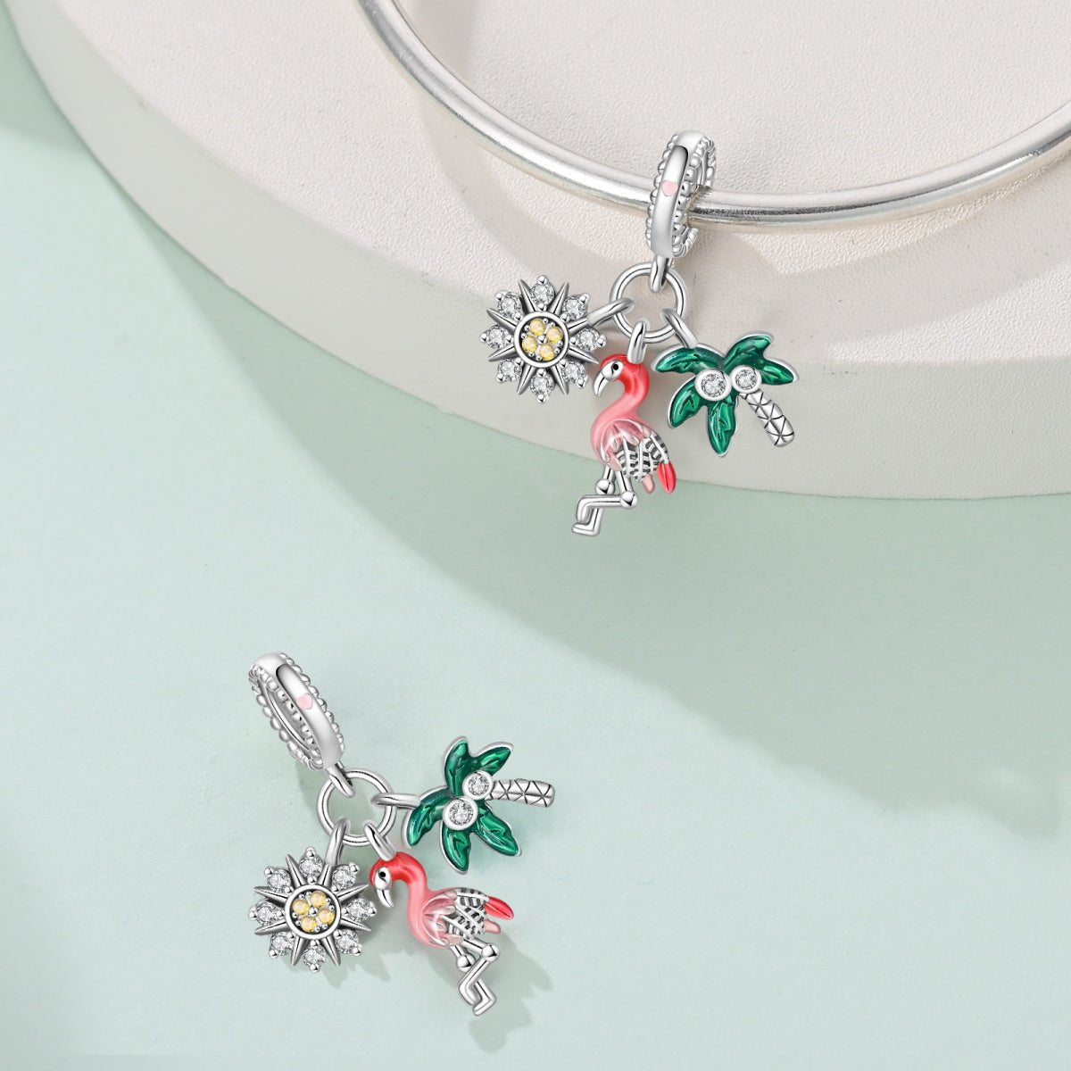 Flamingo, Palm Tree & Sunflower Triple Dangle Charm