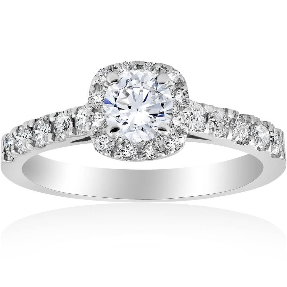 1ct Cushion Halo Round Cut Diamond Engagement Ring 14K White Gold Size Selectable