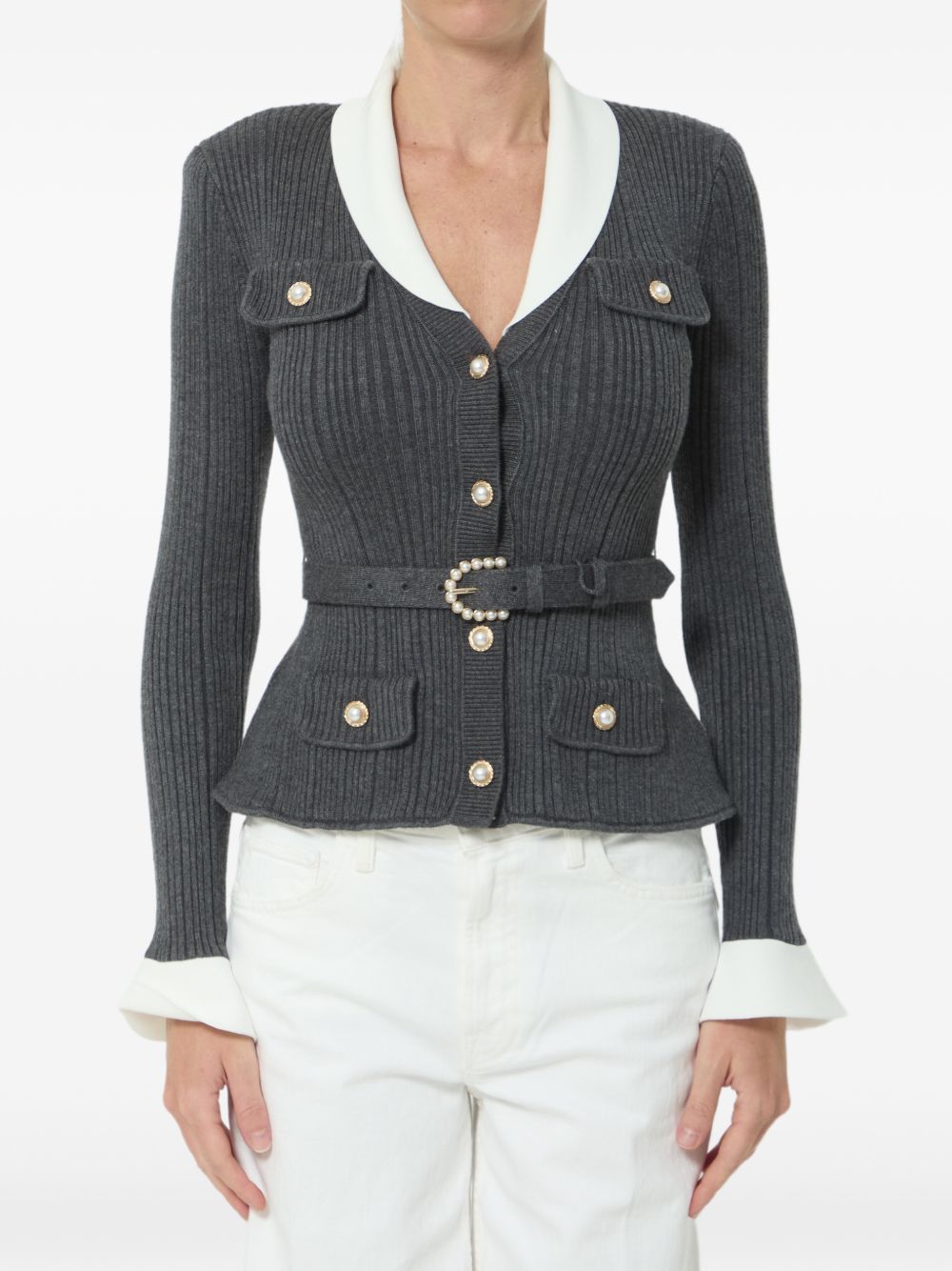 Self Portrait Women Belted Ribbed Cardigan