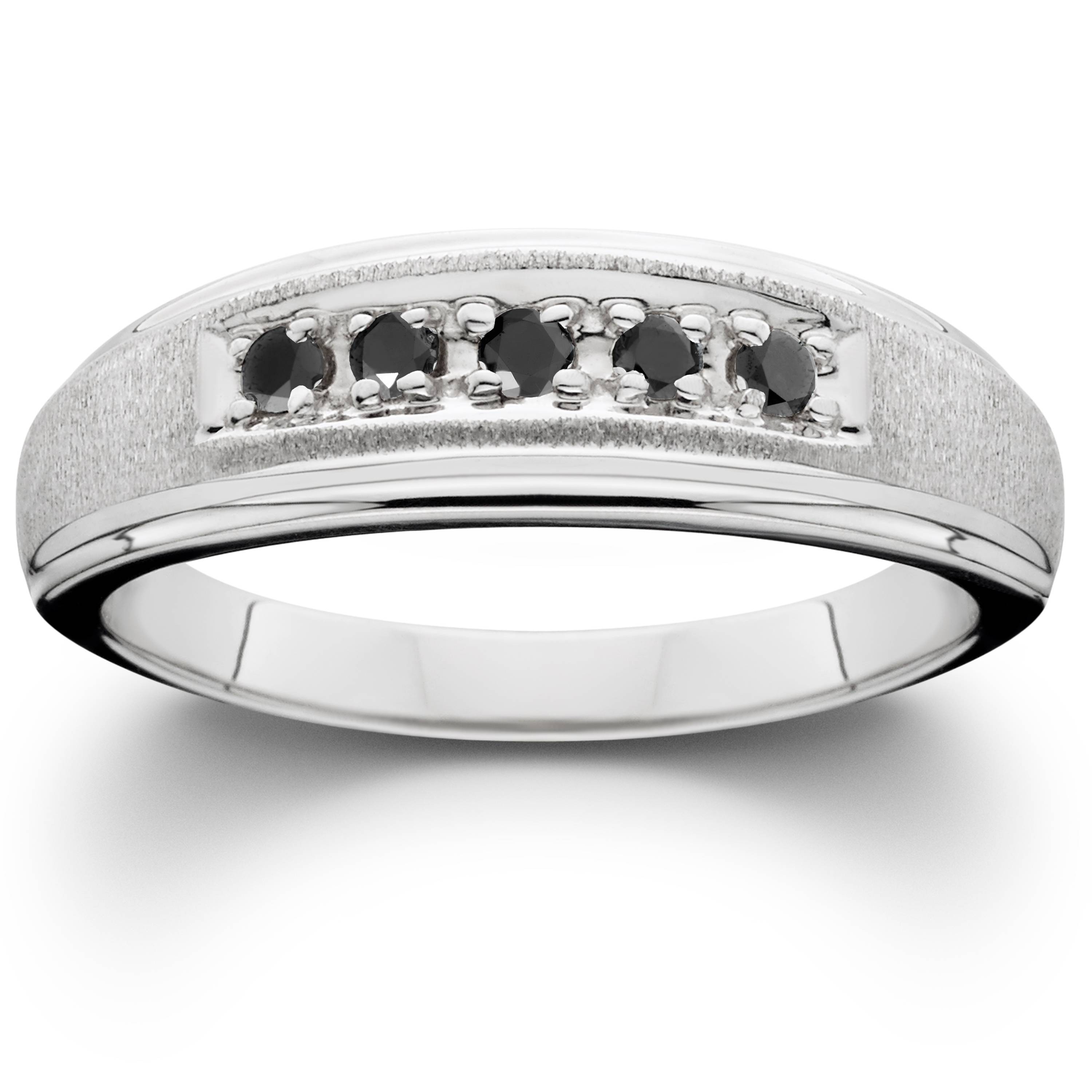 Mens Black Diamond White Gold Ring Brushed Wedding Band Size Selectable
