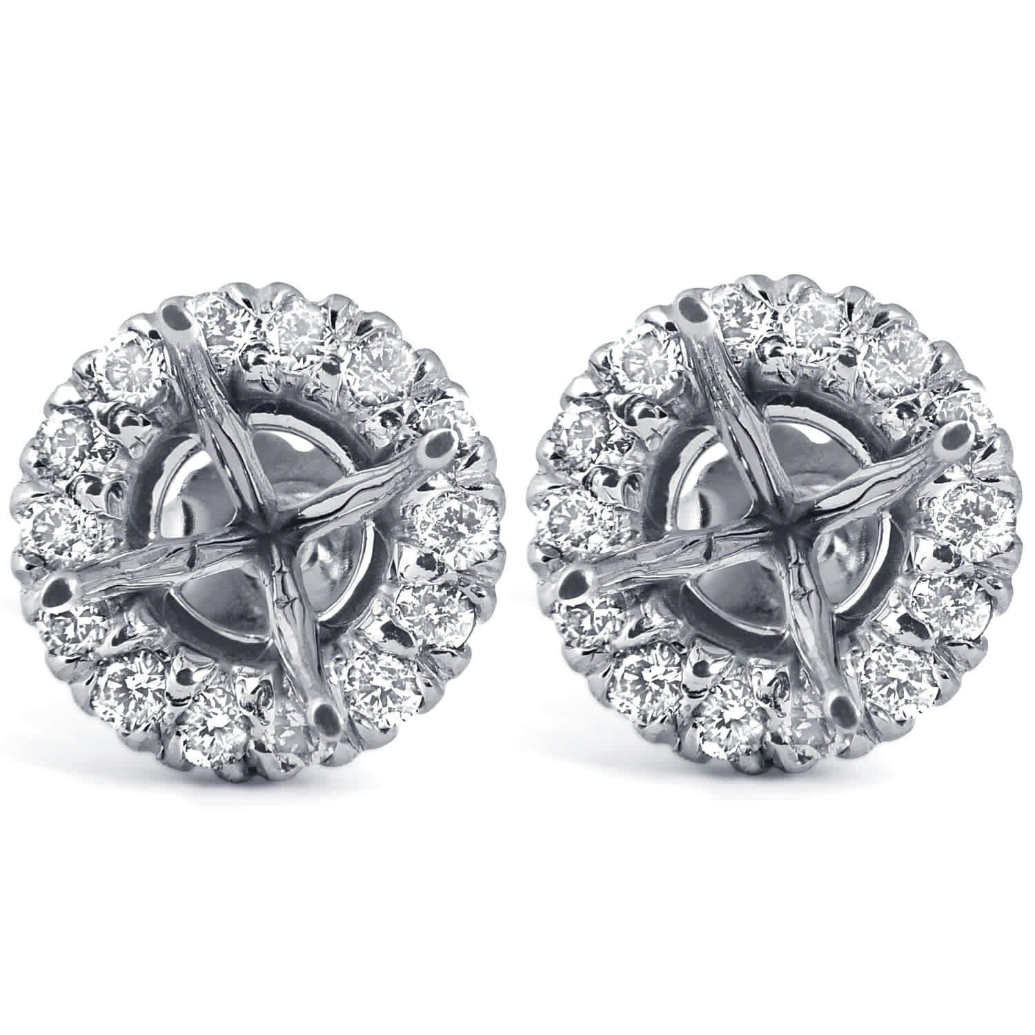 5/8ct Diamond Halo Studs Mounting Fits 5.5-6.5mm Round Stones 14k White Gold