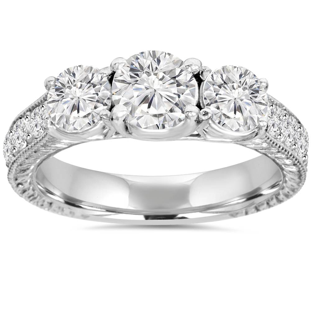 2ct Vintage Three Stone Round Diamond Engagement Ring 14K White Gold (H/SI2) Size Selectable