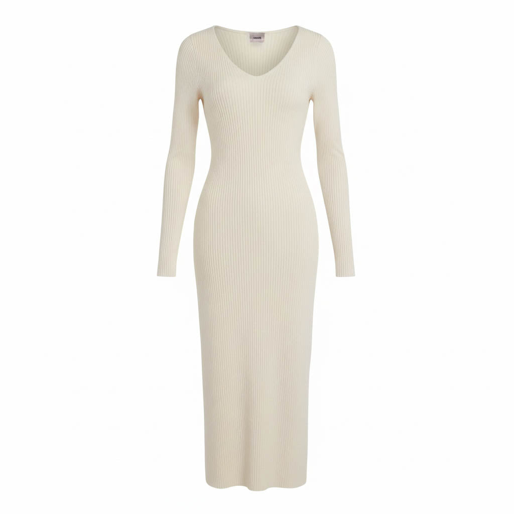 KHAITE CREAM KNIT 'PIA' RIBBED MIDI DRESS - SIZE L