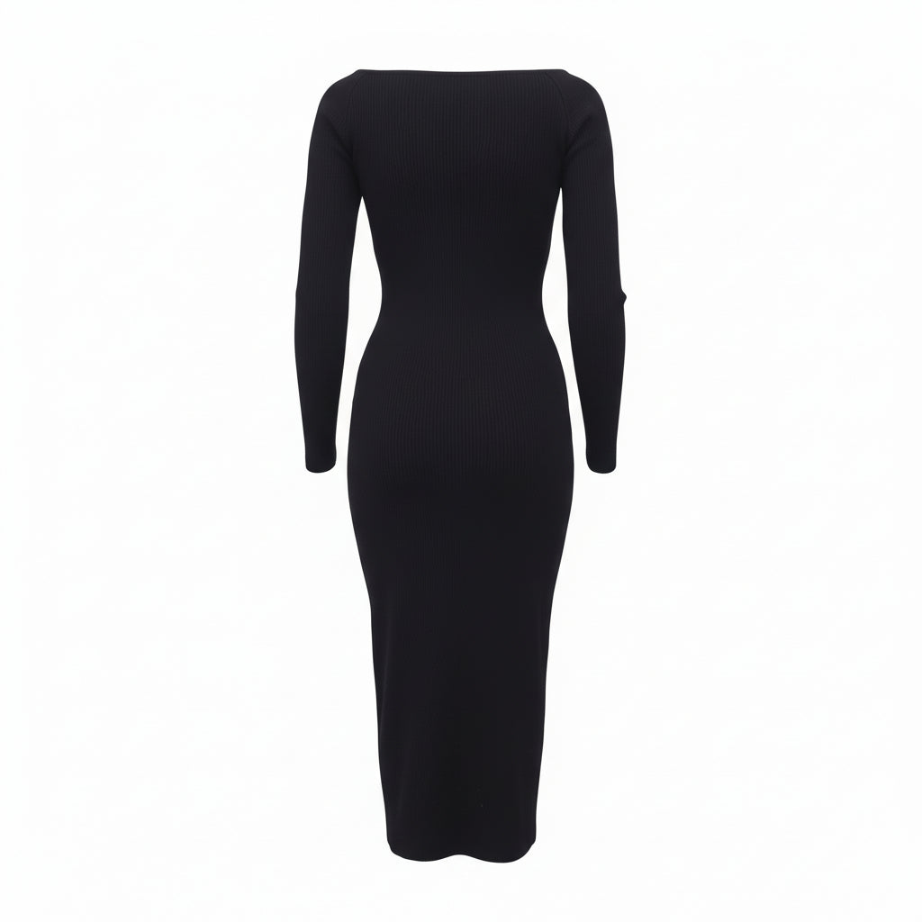 KHAITE BLACK KNIT 'PIA' RIBBED MIDI DRESS - SIZE M