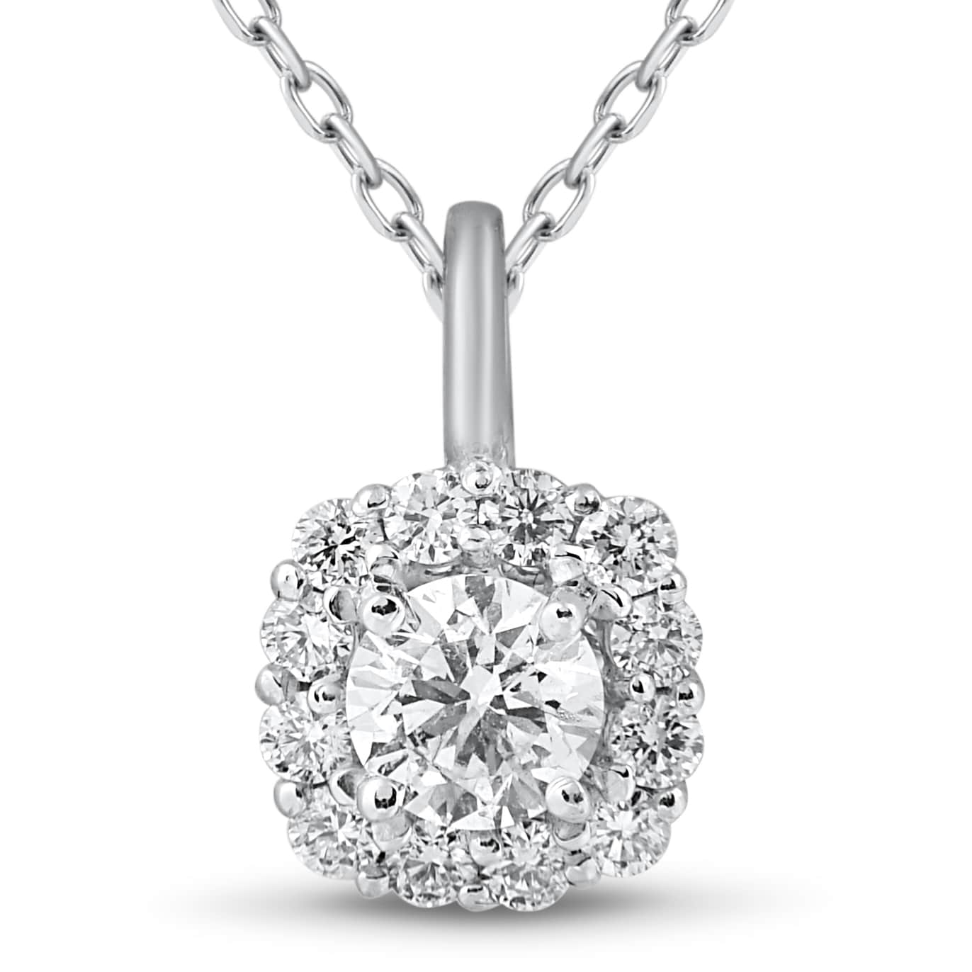 5/8ct Cushion Halo Diamond Pendant 14k White Gold & 18" Chain