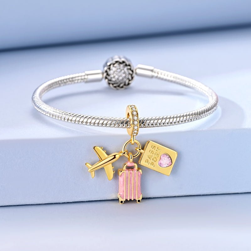 Golden Airplane, Pink Suitcase & Passport Travel Dangle Charm