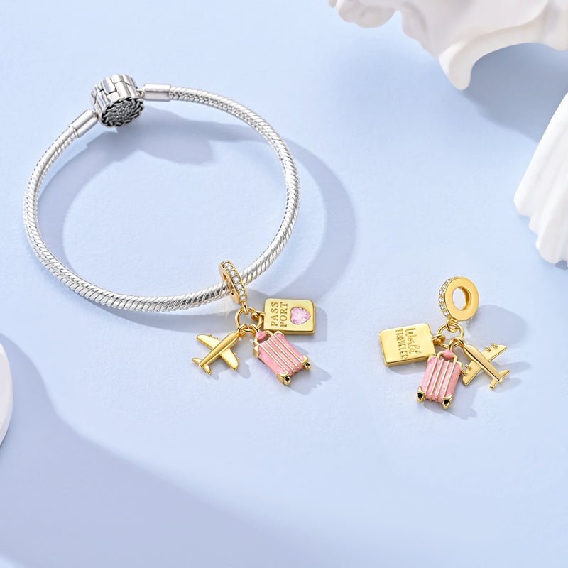 Golden Airplane, Pink Suitcase & Passport Travel Dangle Charm