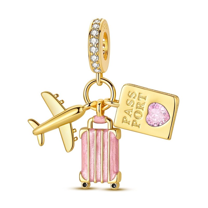 Golden Airplane, Pink Suitcase & Passport Travel Dangle Charm