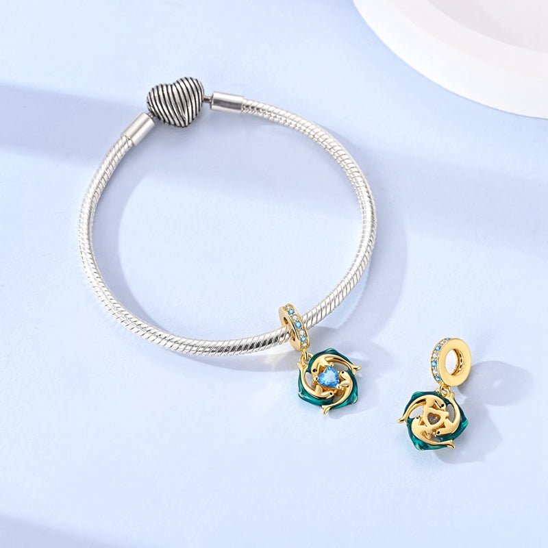 Golden Blue Dolphins with Heart Ocean Sparkle Dangle Charm
