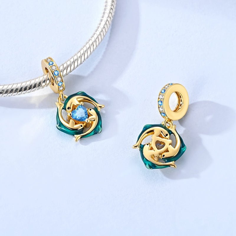 Golden Blue Dolphins with Heart Ocean Sparkle Dangle Charm